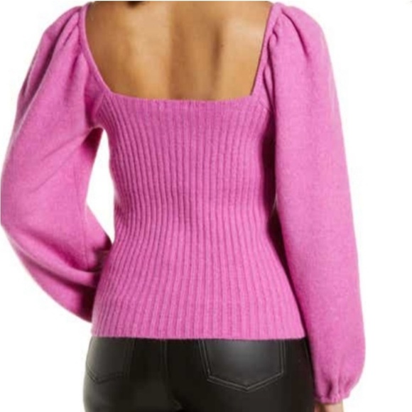 Halogen Puff Sleeve Ribbed Sweater Wool Blend square neck pink Sz: L NWT - Picture 2 of 11